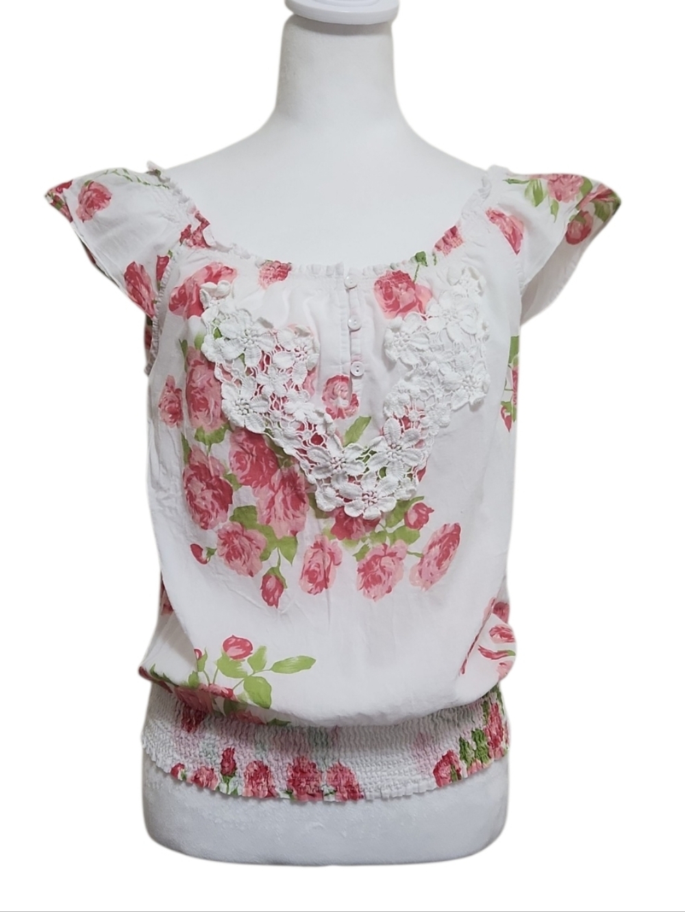 Y2K Cottagecore Rose Floral Blouse M/L 100% Cotton Smocked Cap Sleeve Peasant